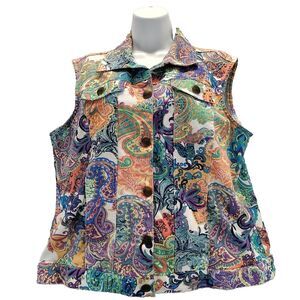 Bend Over Women’s Sz 16 Denim Jean Trucker Bomber Vest Paisley Multicolor